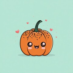 Charming illustration of a happy pumpkin character surrounded by hearts on a teal backdrop
