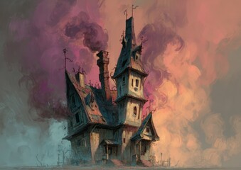 Atmospheric Illustration of a Spooky House Amidst a Colorful, Ethereal Cloudscape