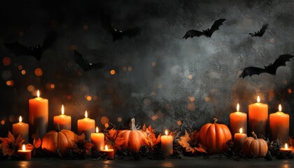 Halloween ambiance with pumpkins, candles, and bats creating a festive autumn scene
