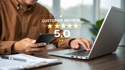 Customer Review with Five-Star Rating on Smartphone and Laptop