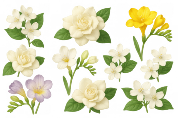 Vibrant floral collection displaying jasmine, gardenia, freesia blossoms with verdant greenery against transparent backdrop