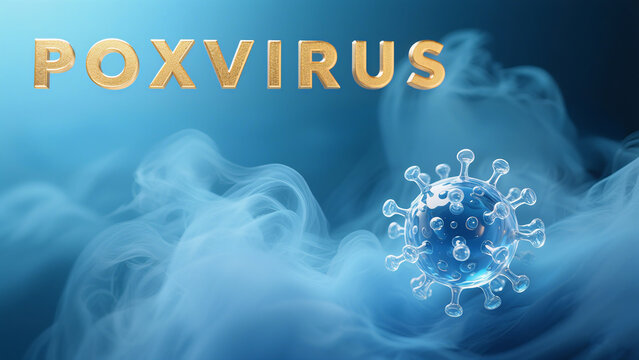 Blue transparent smallpox virus with smoke background represents medical research and prevention of smallpox virus, used in infectious disease education and public health warning scenarios.