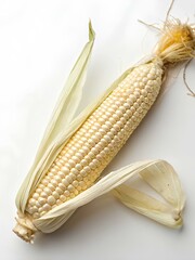 Fresh ear of corn with partially peeled husk on white surface, showing silky strands and neat kernels — evoking raw harvest beauty