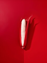 Partially husked white corn with vibrant red husks placed on red background — evoking harvest symbolism and striking color contrast