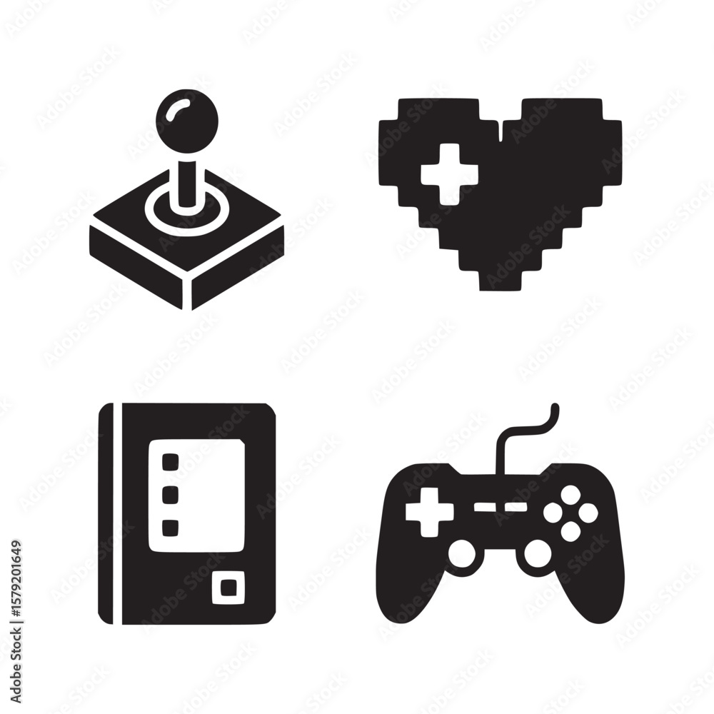 Poster a collection of four black gaming icons featuring a joystick a gamepad a heart and a handheld consol