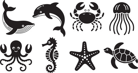 Marine Life & Ocean Animals Icons: Dolphin, Crab, Seahorse, Starfish