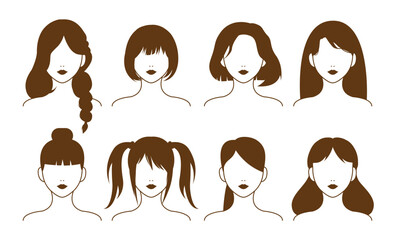 Set of 8 stylish female hairstyles in flat vector silhouette style. Perfect for beauty, salon, fashion, or avatar design projects. Isolated on white background.