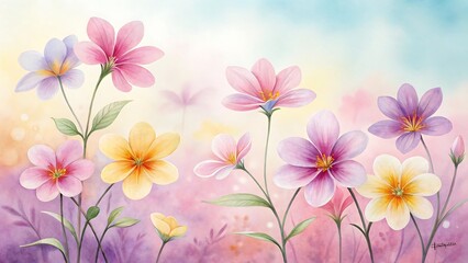 Delicate watercolor flowers bloom in a soft pastel garden