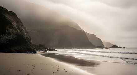 Serene black and white coastal landscape featuring dramatic cliffs and gentle waves under a moody cloudy sky, evoking calm and solitude.
