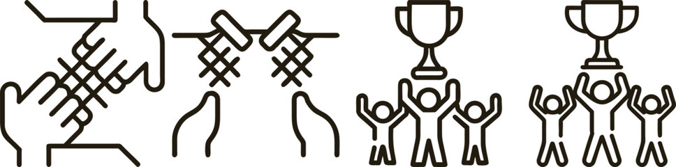 Teamwork, Collaboration, and Achieving Success: A Set of Line Icons Illustrating Winning and Partnership