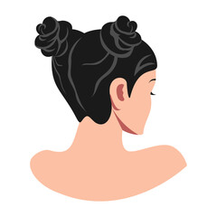 Back view of woman with double bun hairstyle in flat vector style. Ideal for salon, fashion, beauty, or hairstyle design. Clean and minimal illustration on white background.-09