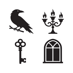 Black silhouettes of a raven on a branch candelabra key and arched window on a white background