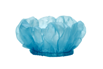 Light blue disposable shower cap, hygiene product.