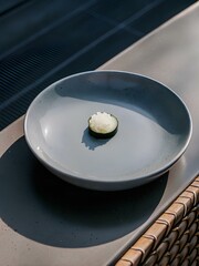 Single piece of sushi with cucumber and rice on large gray plate, placed outdoors near textured woven mat — evoking purity and simplicity