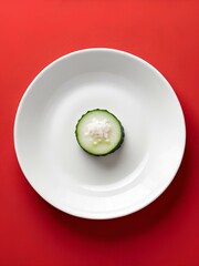 Cucumber slice topped with white rice centered on white ceramic plate against red background — evoking minimalism and playful contrast