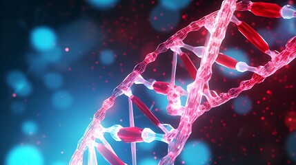 A minimalist 3D visual of a single DNA helix, suspended in a dark fluid medium, particle clusters glowing faintly in red and cyan tones for a medical research feel.