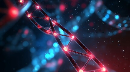A minimalist 3D visual of a single DNA helix, suspended in a dark fluid medium, particle clusters glowing faintly in red and cyan tones for a medical research feel.