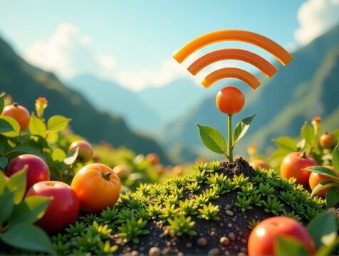Wireless signal icon stands above apples in a green orchard, blending technology with nature.