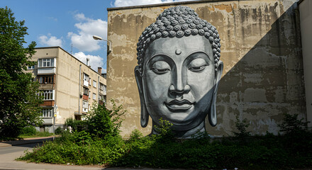 Giant Buddha Mural Urban Street Art Peaceful Serenity