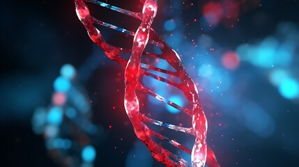 A minimalist 3D visual of a single DNA helix, suspended in a dark fluid medium, particle clusters glowing faintly in red and cyan tones for a medical research feel.