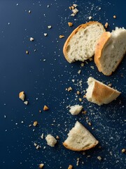 Soft pieces of white bread with scattered crumbs arranged on dark blue surface — evoking quiet minimalism and texture of everyday life