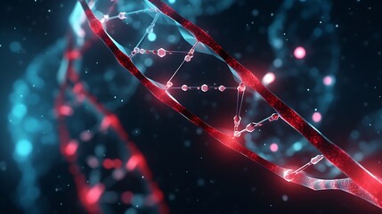 A minimalist 3D visual of a single DNA helix, suspended in a dark fluid medium, particle clusters glowing faintly in red and cyan tones for a medical research feel.