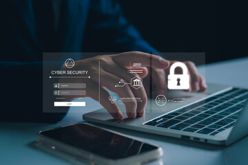 Cybersecurity dashboard interface showing data protection, secure login and network technology....