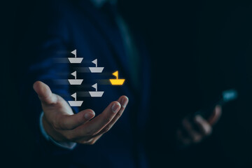 Leadership Concept with Boats. Set of ships on businessman background. Business competition,...