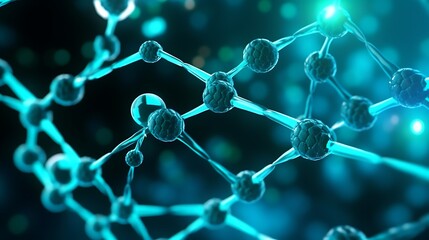 A modern 3D medical visualization of DNA and molecular particles, sharp neon blue and teal highlights against a dark, out-of-focus molecular network.