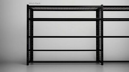 Minimalist black metal shelving unit against a simple gray background