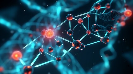 A modern 3D medical visualization of DNA and molecular particles, sharp neon blue and teal highlights against a dark, out-of-focus molecular network.