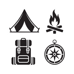 Black and white camping icons featuring a tent campfire backpack and compass in a square format image