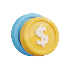 Shiny yellow coin with dollar sign on it, partially covered by blue ring, isolated on transparent background