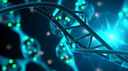 A modern 3D medical visualization of DNA and molecular particles, sharp neon blue and teal highlights against a dark, out-of-focus molecular network.