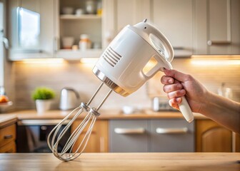 Hand holding a white electric hand mixer with beaters in a modern kitchen