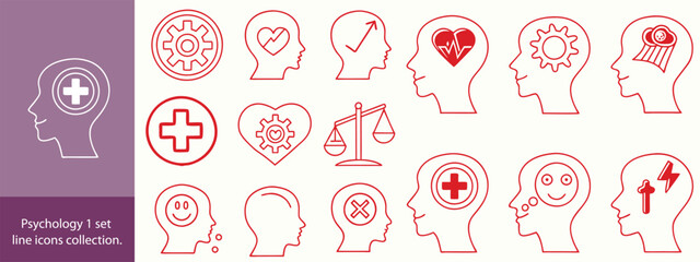 Psychology set line icons collection. Mental, happiness, emotion, care, abuse, medical, analysis icons. UI icon set. Thin outline icons pack. Vector illustration EPS10