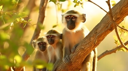Fototapeta premium A peaceful image of a family of vervet monkeys in a tree, soft green leaves framing the scene, warm golden light filtering through the branches.