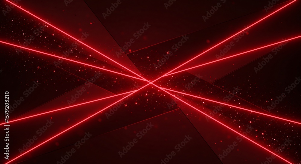 Poster a digital rendering of red laser beams intersecting on a dark background with small light particles