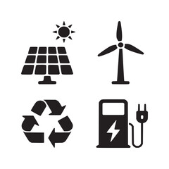 Illustration of solar panel, wind turbine, recycle symbol, and electric charging station in black