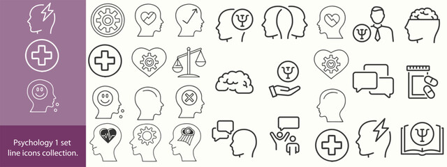 Psychology set line icons collection. Mental, happiness, emotion, care, abuse, medical, analysis icons. UI icon set. Thin outline icons pack. Vector illustration EPS10