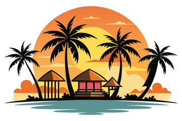 Obraz premium Island sunset with tiki huts