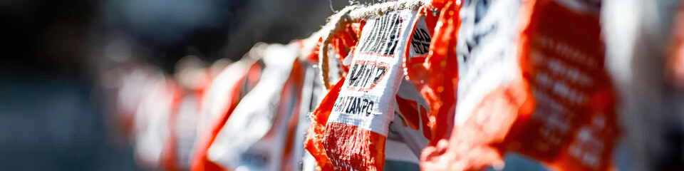 String of Orange and White Fabric Tags with Text