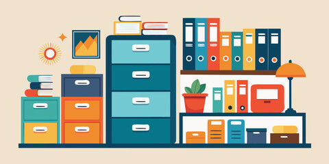 Organized office shelves and filing cabinets filled with books and supplies