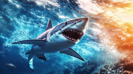Fototapeta premium Majestic Great White Shark Emerging from the Depths of the Ocean with Jaws Open