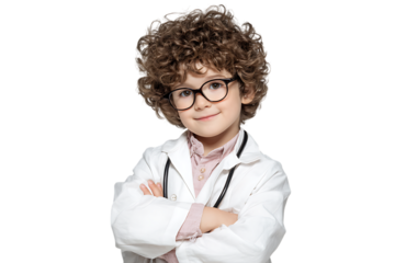 Cute child doctor in lab coat, glasses, arms crossed.