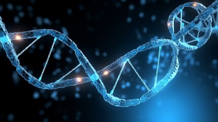 A realistic 3D visualization of a DNA helix encased in a shimmering bubble of protein particles, glowing softly in neon blue and silver against a dark backdrop.