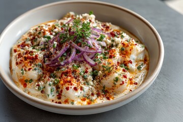 Bowl of halaszle, rich Hungarian fish soup topped with fresh ingredients. Concept of halaszle showcases vibrant colors and inviting textures, perfect for appetizing displays.