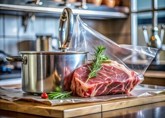 Raw prime beef steak with rosemary and a stainless steel pot in a kitchen