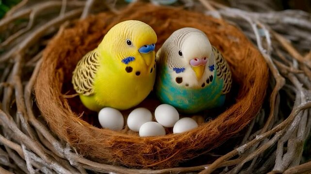 Budgie Pair of Pet Birds Nesting on 5 Little White Eggs
| 9 seconds 4K | Realistic AI Nesting Behavior Video of Brooding Parakeets