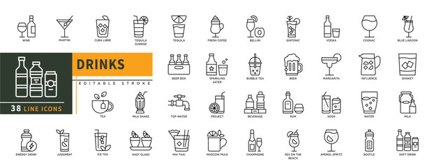 Minimalist Drinks line icons set with editable stroke, featuring wine, martini, cuba libre, soft drink, milk, water, bootle, rum, soda, beer, bubble tea, juice, beverage, te. thin linear illustration.